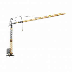 Tall construction crane with long arm and counterweight.