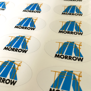 Morrow construction logo stickers on a sheet.