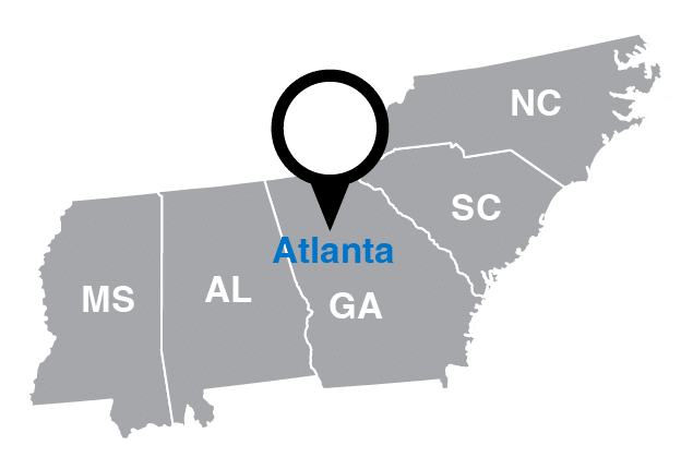 Map highlighting Atlanta, Georgia, and surrounding states.