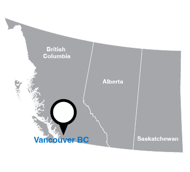Map highlighting Vancouver in British Columbia, Canada.