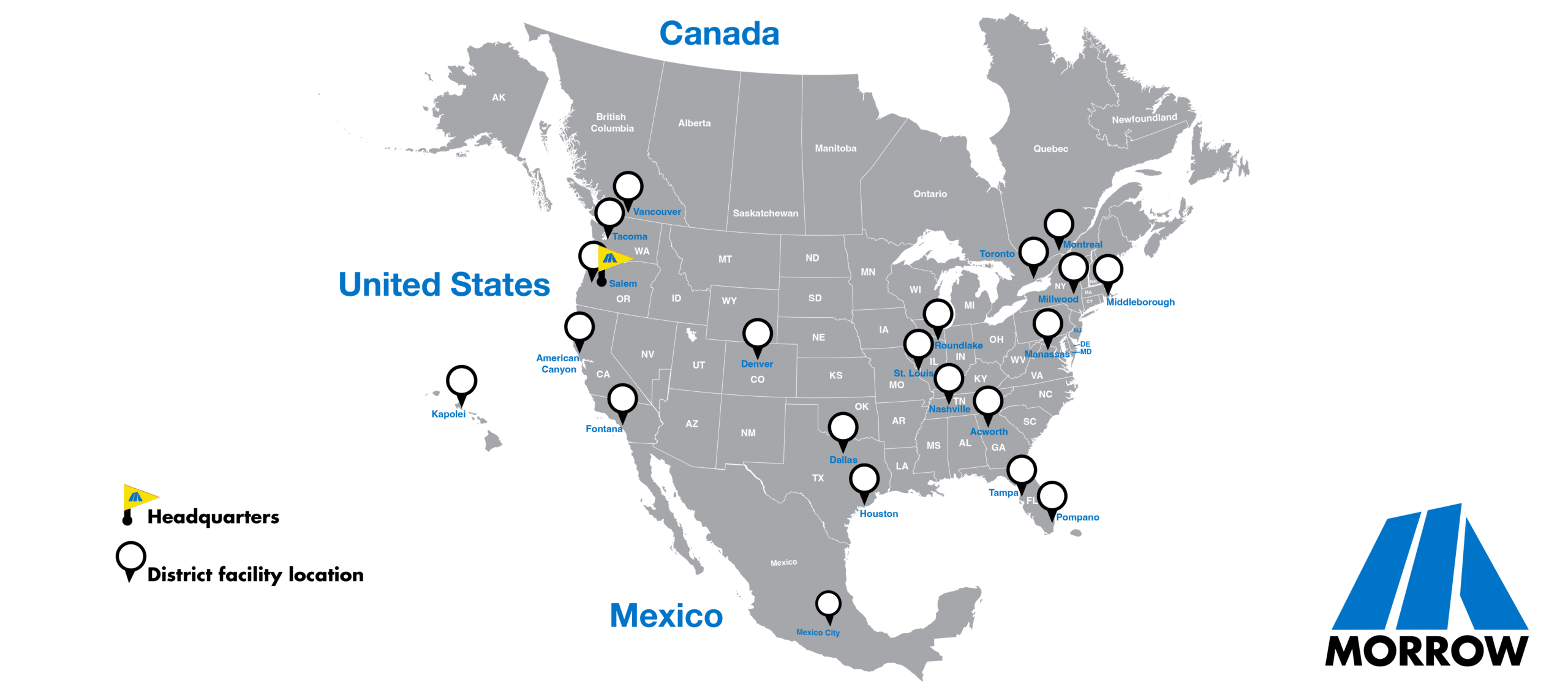 Map showing Morrow locations across North America.